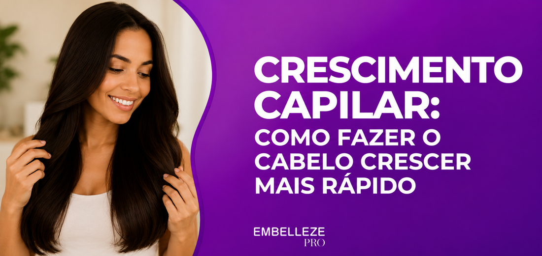 Banner sobre crescimento capilar com dicas para fazer o cabelo crescer mais rápido e promover fios longos, fortes e saudáveis.