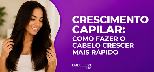 Banner sobre crescimento capilar com dicas para fazer o cabelo crescer mais rápido e promover fios longos, fortes e saudáveis.
