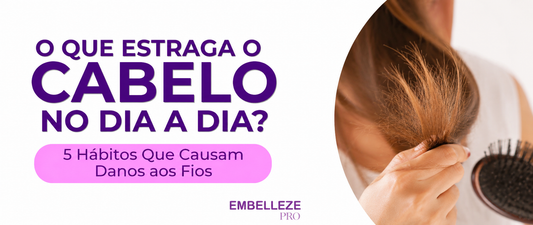 Banner sobre hábitos que danificam o cabelo no dia a dia, com destaque para fios ressecados e pontas danificadas.
