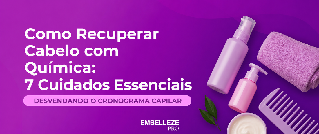 Como recuperar cabelo com química: banner sobre 7 cuidados essenciais para restaurar fios danificados e fortalecer os cabelos.