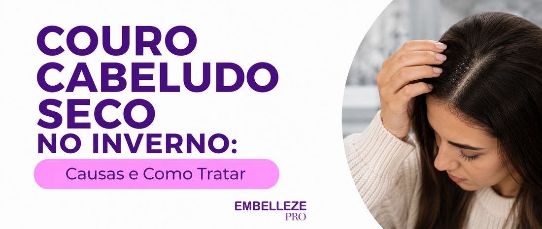 Banner sobre couro cabeludo seco no inverno com dicas sobre causas e como tratar, ilustrado por uma mulher examinando o couro cabeludo.