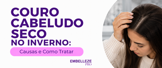 Banner sobre couro cabeludo seco no inverno com dicas sobre causas e como tratar, ilustrado por uma mulher examinando o couro cabeludo.